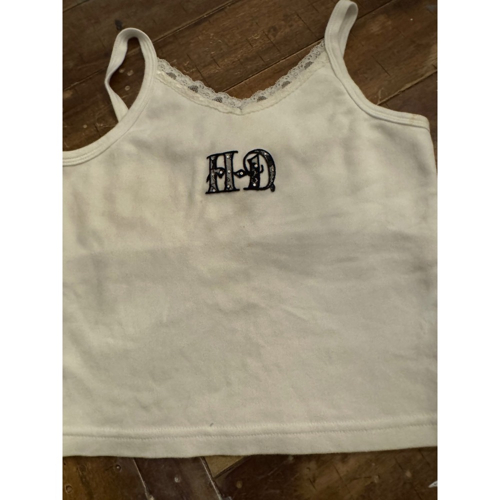 Vintage Harley-Davidson White Lace Trim Cami Tank Top Rhinestone Logo Medium